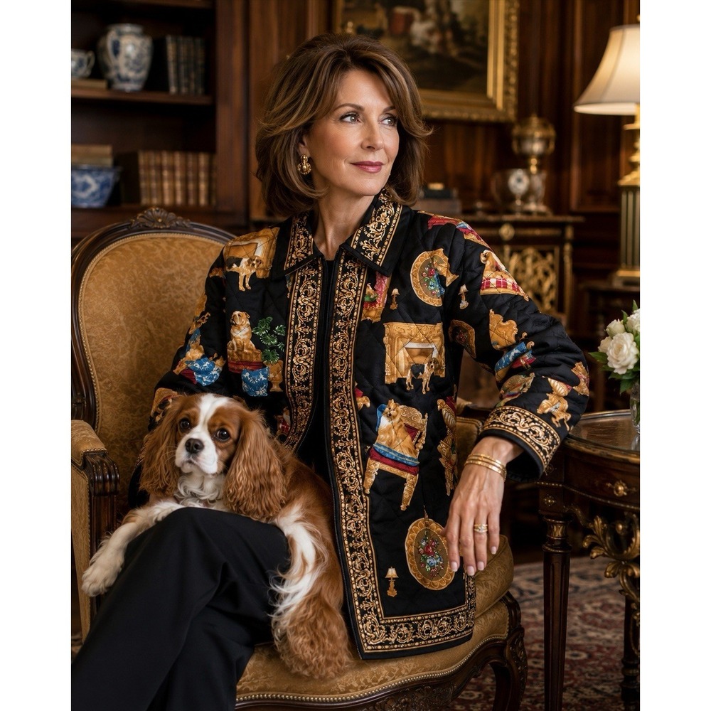 Vtg Victor Costa‎ Occasion 100% Silk Quilted Dog Print Jacket Baroque Zip Small